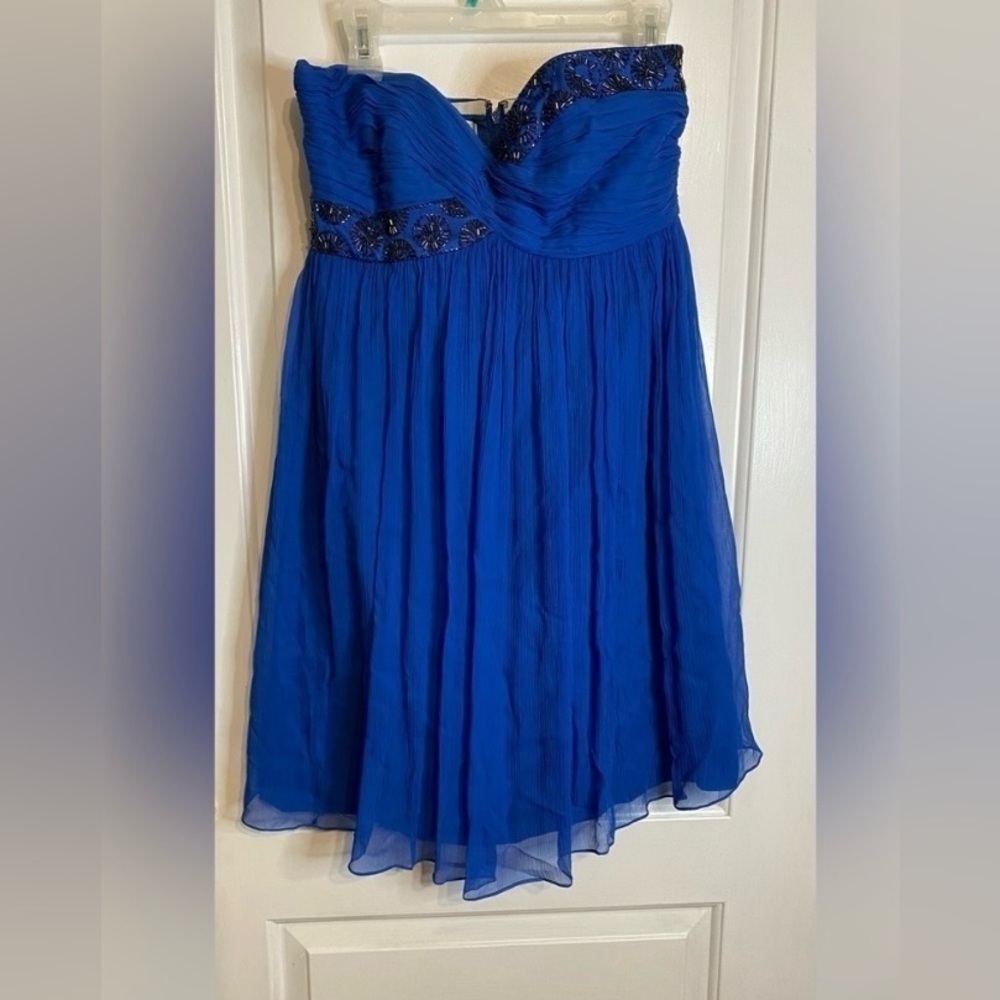 Blue Maggy London Beaded Formal Prom Cocktail Bridesmaid Strapless Dress Size 10
